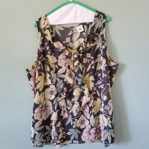 CAbi Osaka Night Floral Blouse - sleeveless, ruffle v-neck size XL
